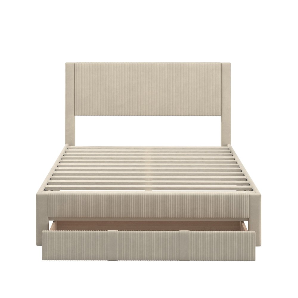 Beige Pleated Velvet Storage Queen Bed