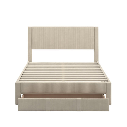 Beige Pleated Velvet Storage Queen Bed