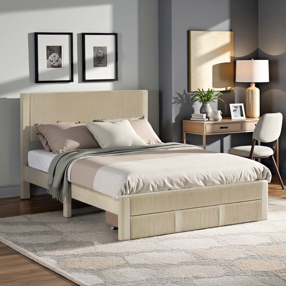 Beige Pleated Velvet Storage Queen Bed