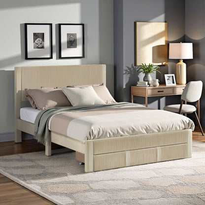 Beige Pleated Velvet Storage Queen Bed