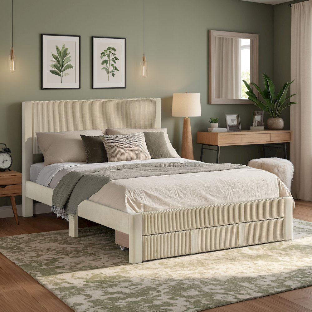 Beige Pleated Velvet Storage Queen Bed