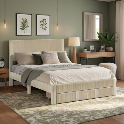 Beige Pleated Velvet Storage Queen Bed