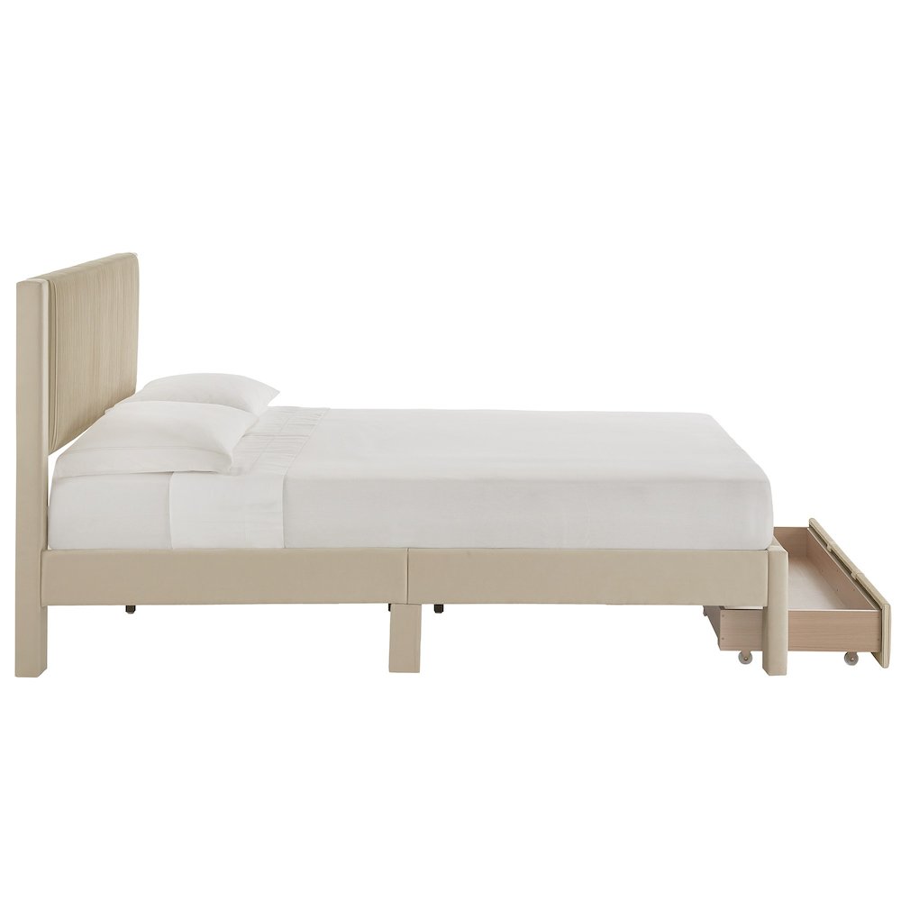 Beige Pleated Velvet Storage Queen Bed