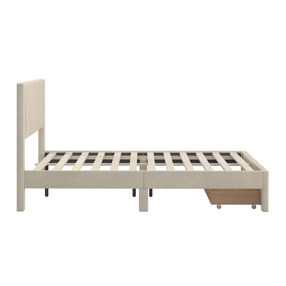 Beige Pleated Velvet Storage Queen Bed