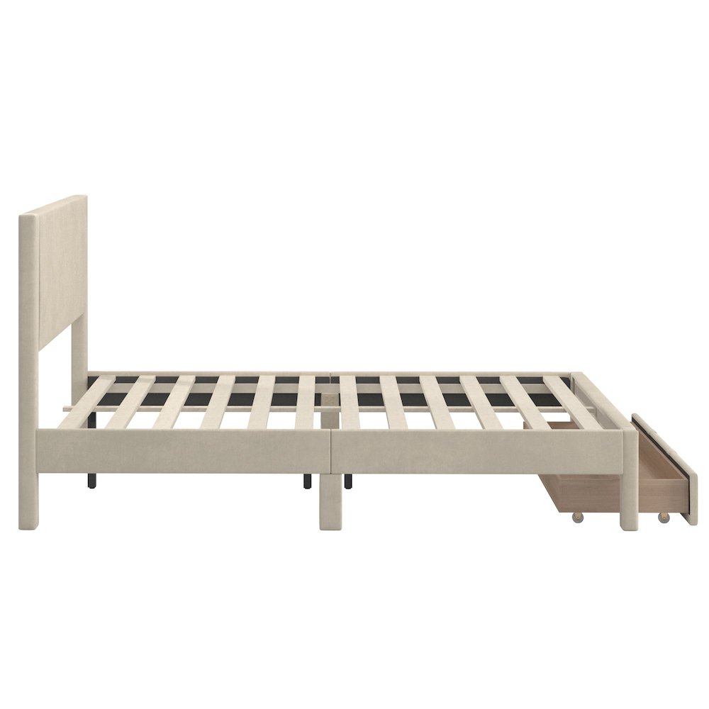 Beige Pleated Velvet Storage Queen Bed
