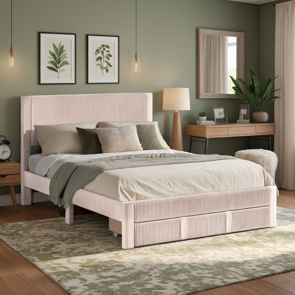 Light Pink Pleated Velvet Storage Queen Bed