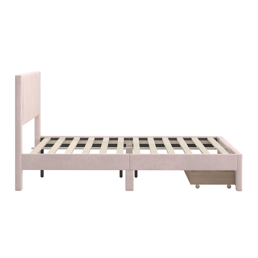 Light Pink Pleated Velvet Storage Queen Bed