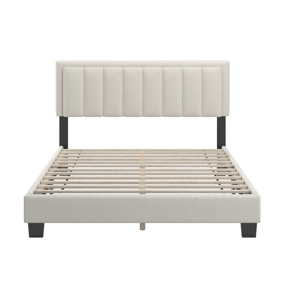 Black Finish Cream Boucle Queen Bed With LED Channel Headboard