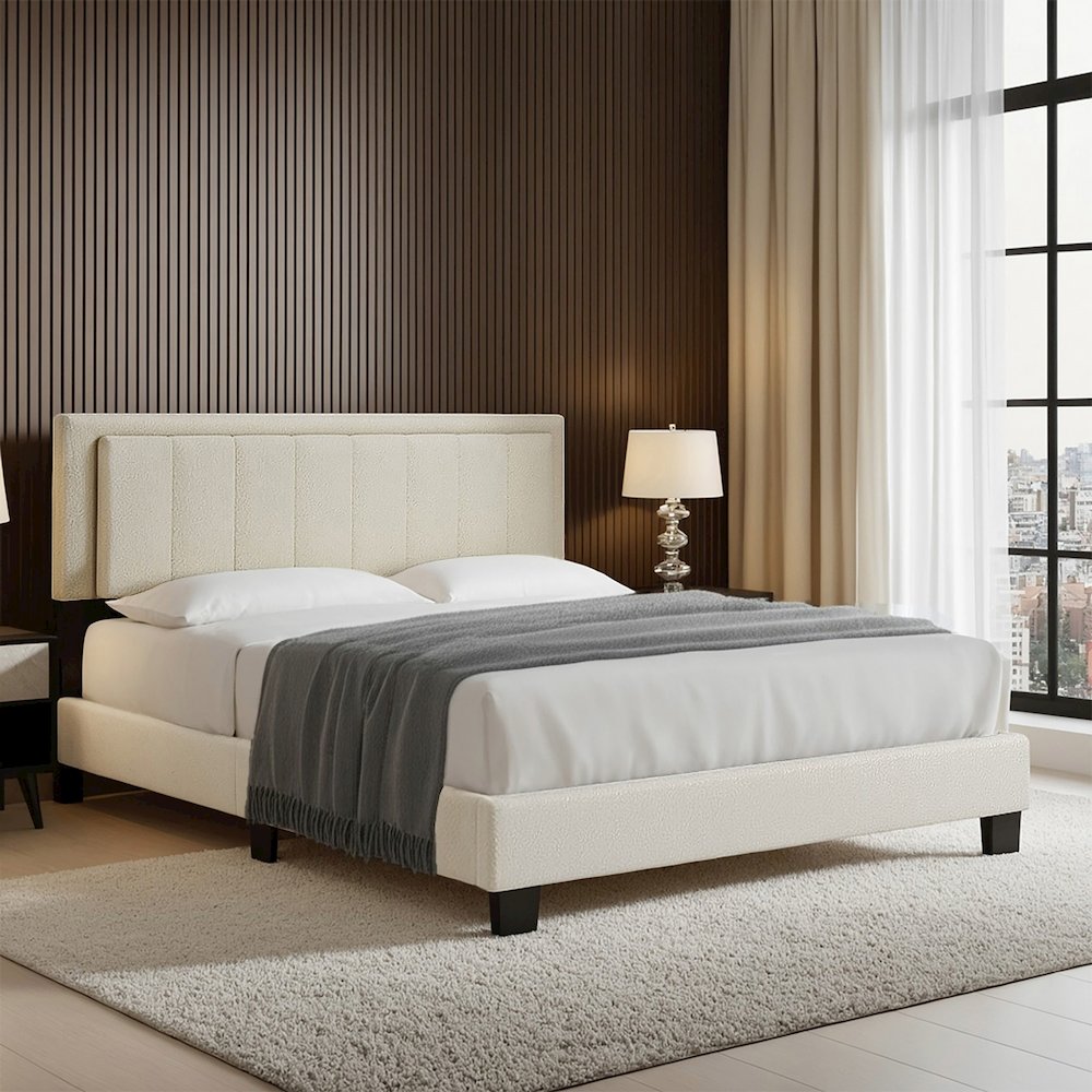 Black Finish Cream Boucle Queen Bed With LED Channel Headboard