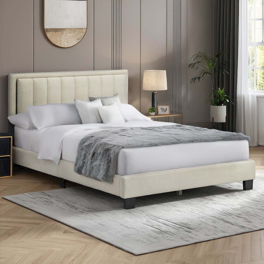 Black Finish Cream Boucle Queen Bed With LED Channel Headboard