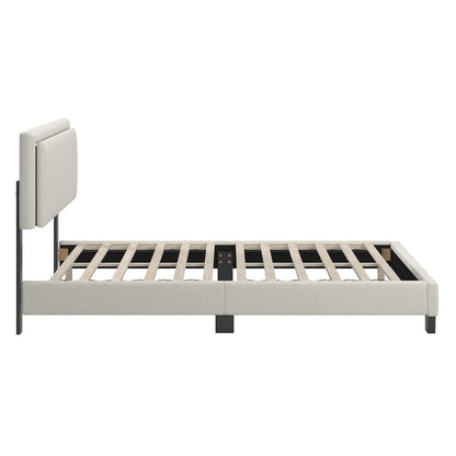 Black Finish Cream Boucle Queen Bed With LED Channel Headboard