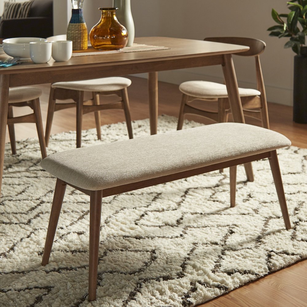 Dark Walnut Finish Beige Fabric Bench