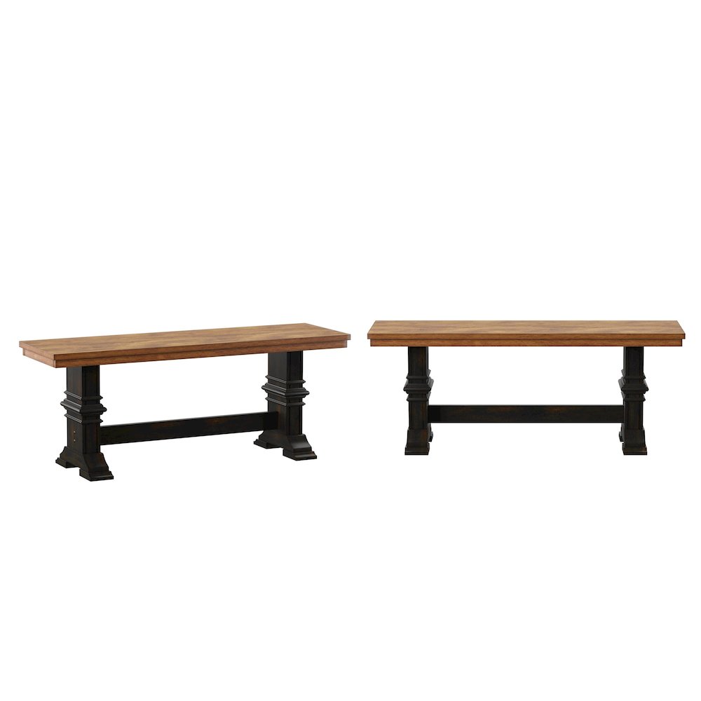Two-Tone Oak And Antique Black Finish Dining Bench With Trestle Leg