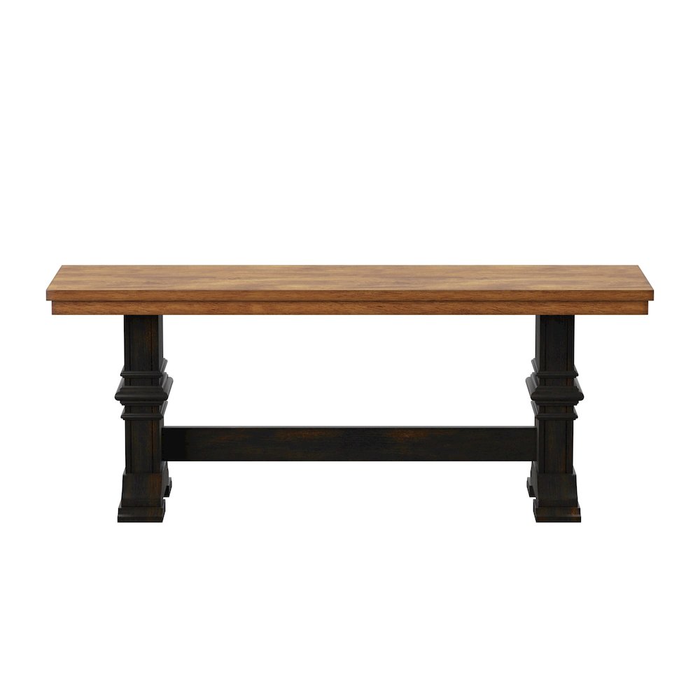 Two-Tone Oak And Antique Black Finish Dining Bench With Trestle Leg