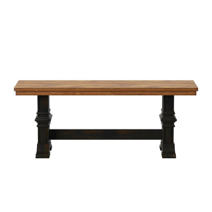 Two-Tone Oak And Antique Black Finish Dining Bench With Trestle Leg