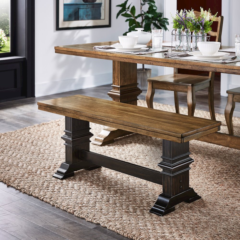 Two-Tone Oak And Antique Black Finish Dining Bench With Trestle Leg