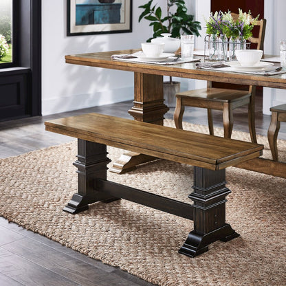 Two-Tone Oak And Antique Black Finish Dining Bench With Trestle Leg