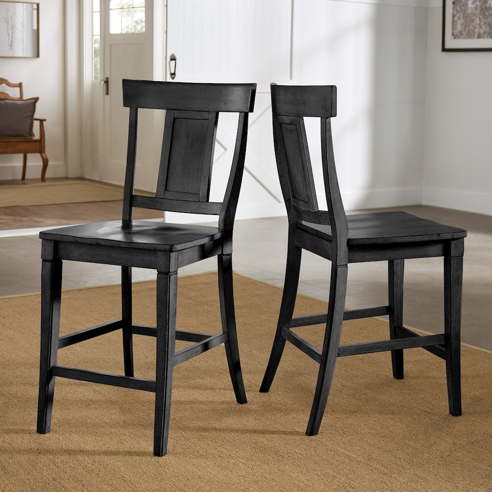 Set of 2, Antique Black Finish Panel Back Counter Height Chair