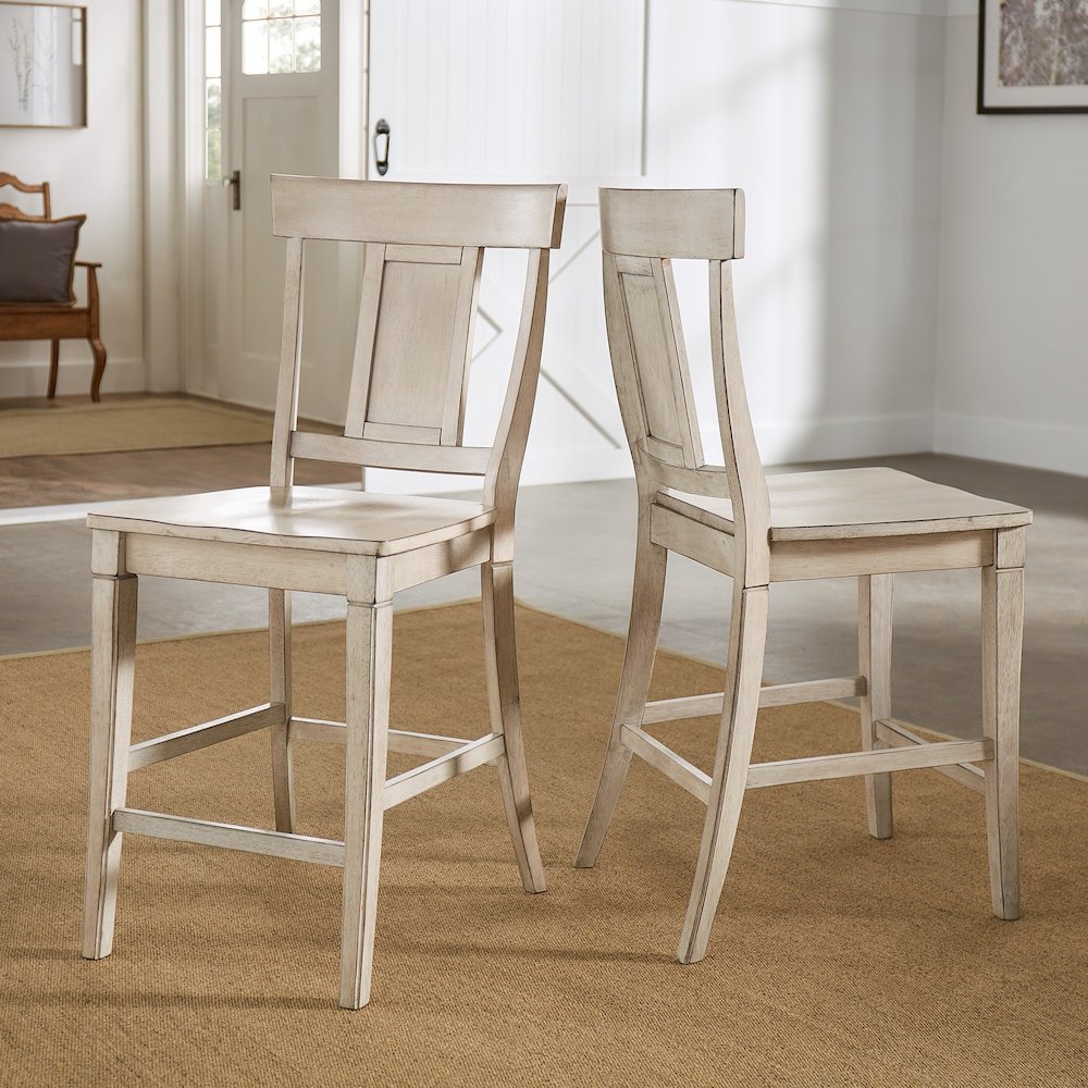 Set of 2, Antique White Finish Panel Back Counter Height Chair