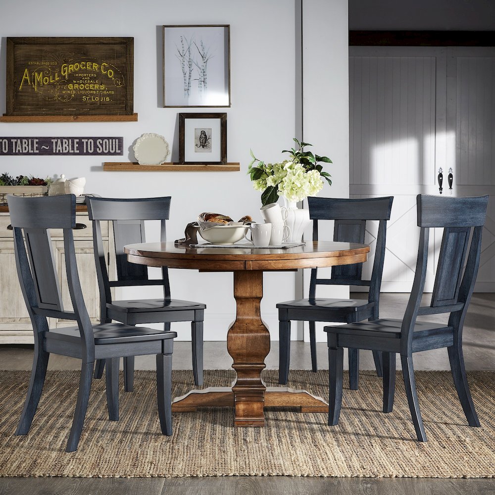 Set of 2, Antique Denim Finish Panel Back Side Chair