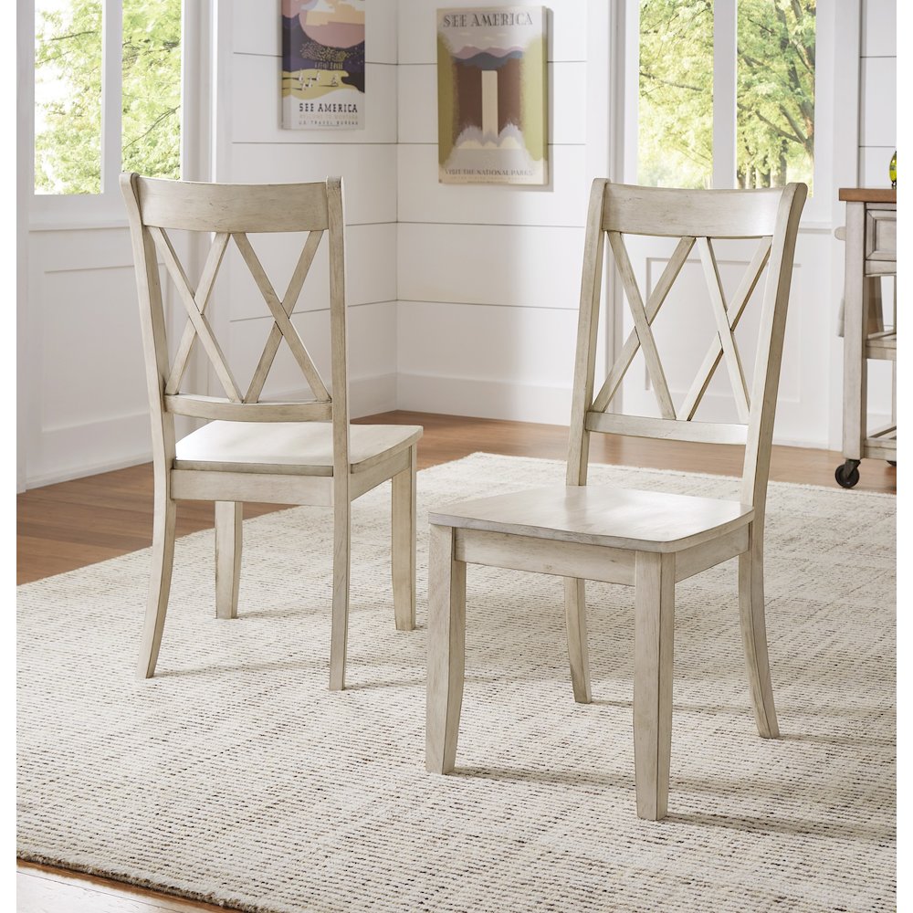 Set of 2, Antique White Finish Double X Back Side Chair