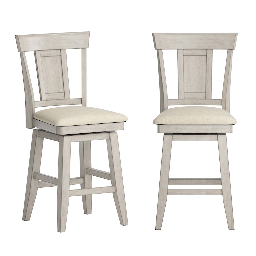 Antique White Finish Panel Back  Swivel Chair W/ Beige Linen Seat