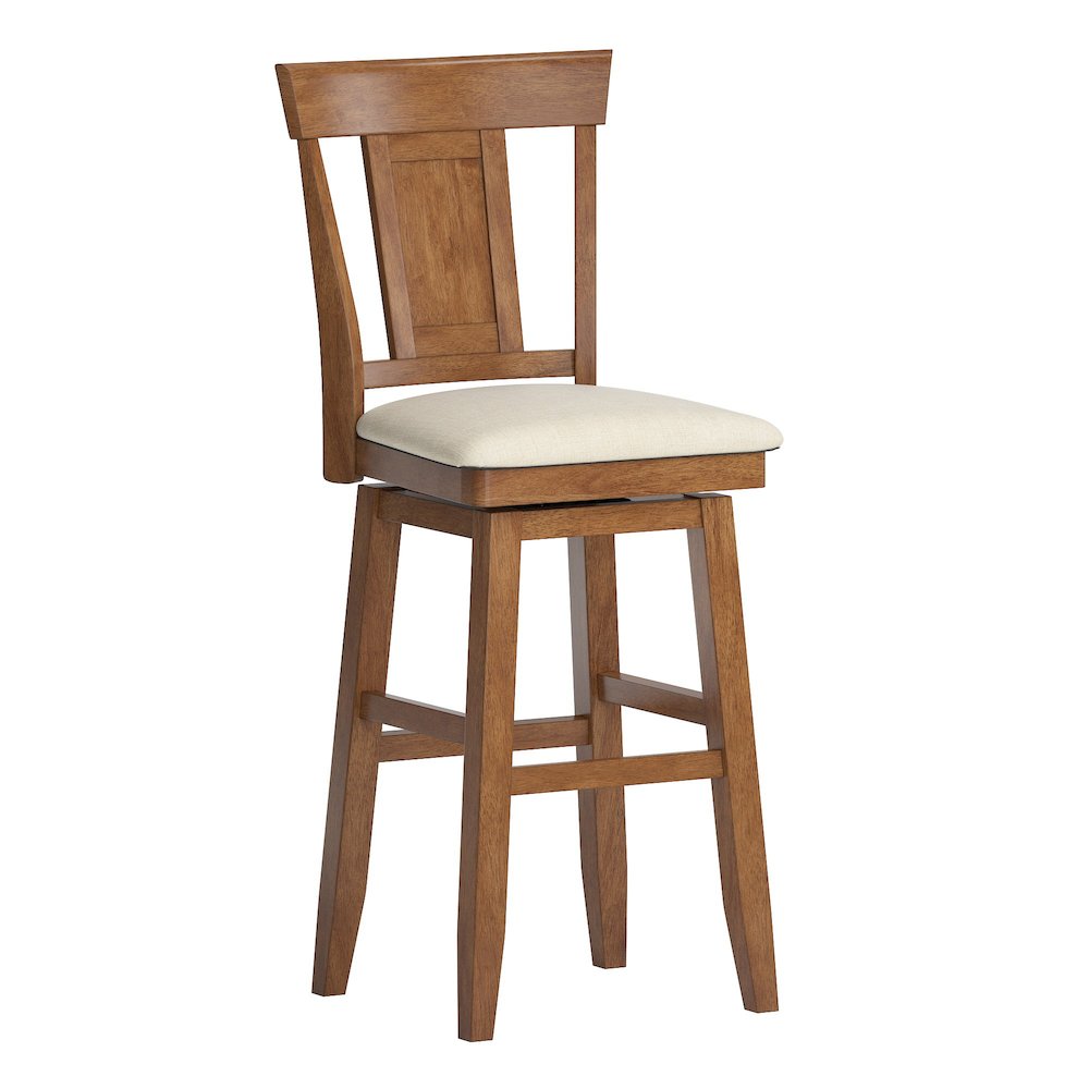 Oak Finish Panel Back Swivel Chair W/ Beige Linen Seat