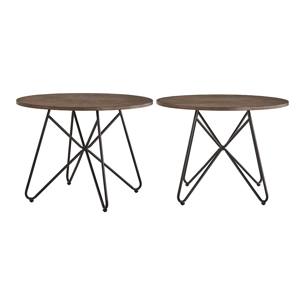 Distressed Walnut Finish Round Dining Table With Black Iron Legs