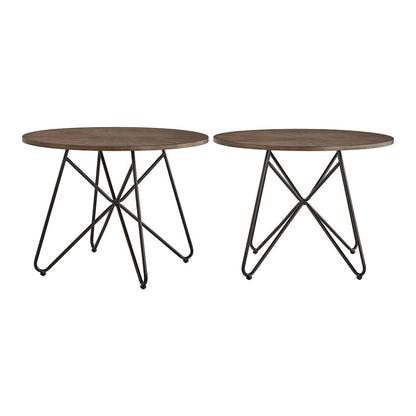 Distressed Walnut Finish Round Dining Table With Black Iron Legs
