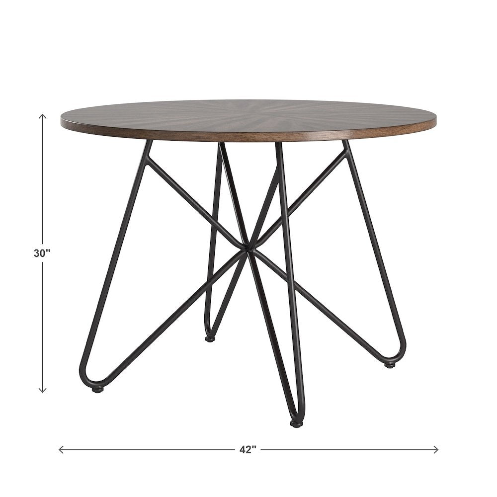 Distressed Walnut Finish Round Dining Table With Black Iron Legs