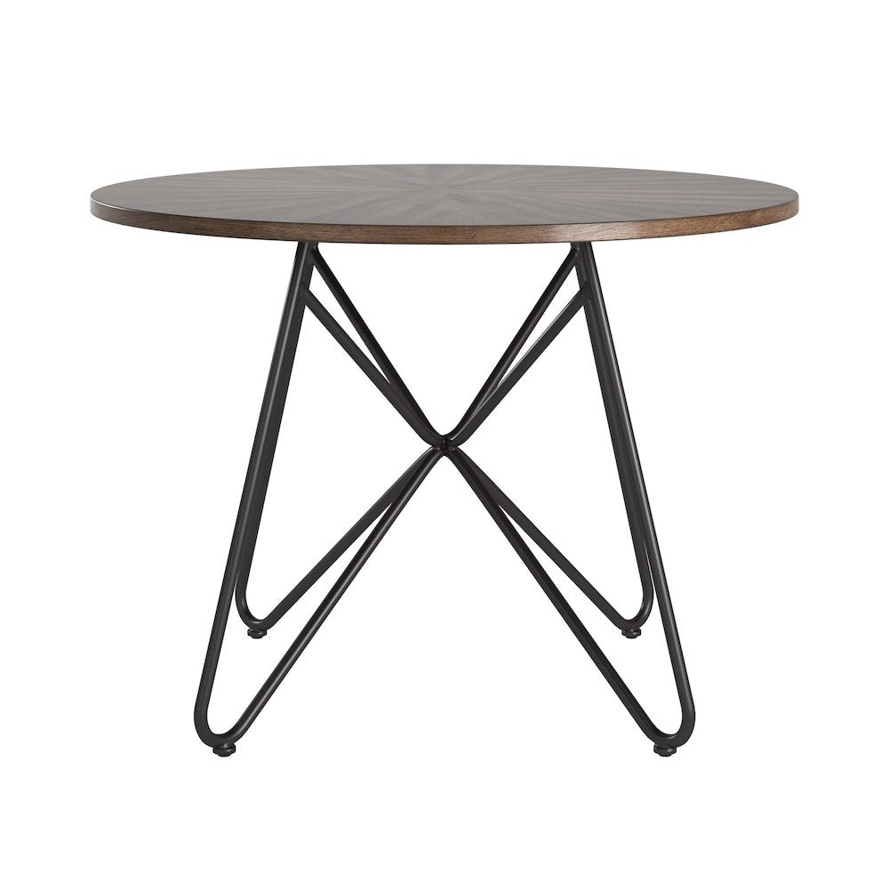 Distressed Walnut Finish Round Dining Table With Black Iron Legs