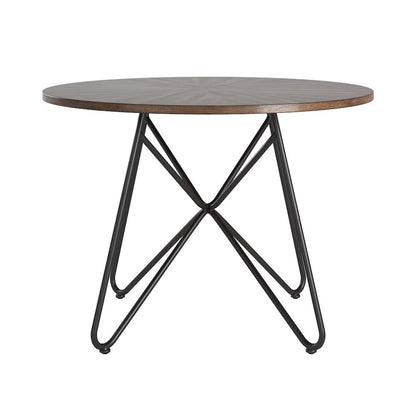 Distressed Walnut Finish Round Dining Table With Black Iron Legs