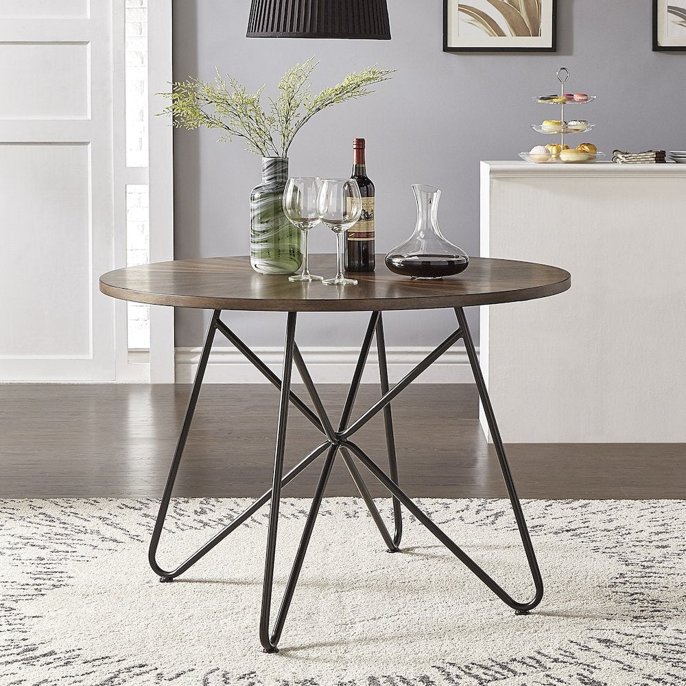 Distressed Walnut Finish Round Dining Table With Black Iron Legs