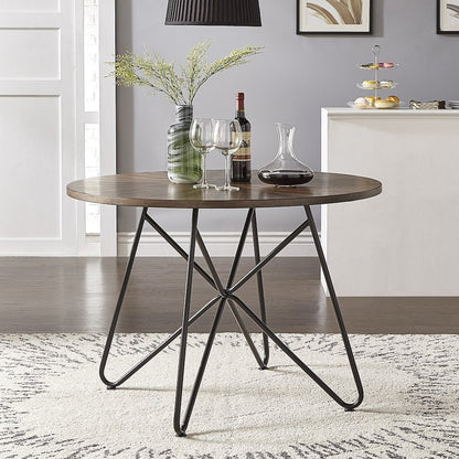 Distressed Walnut Finish Round Dining Table With Black Iron Legs