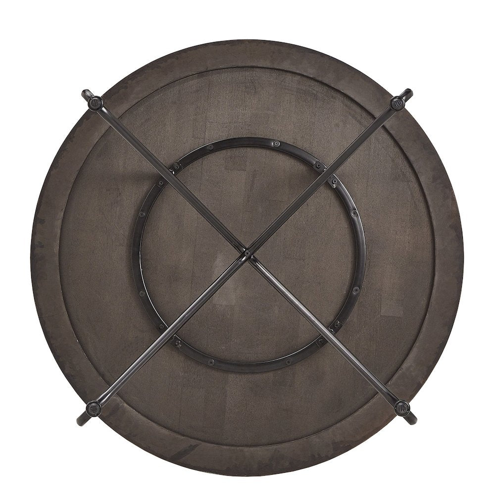 Distressed Walnut Finish Round Dining Table With Black Iron Legs