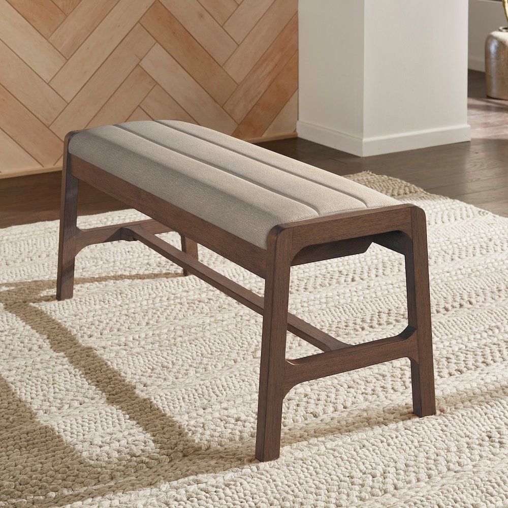 Walnut Finish Beige Fabric Bench