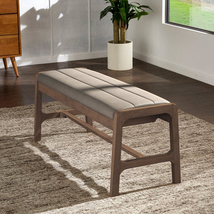 Walnut Finish Beige Fabric Bench