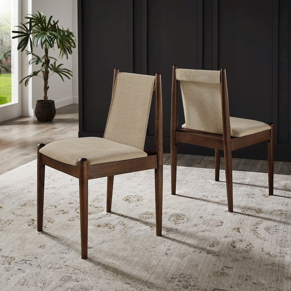Set of 2, Walnut Finish Sand Heathered Weave Dining Chair