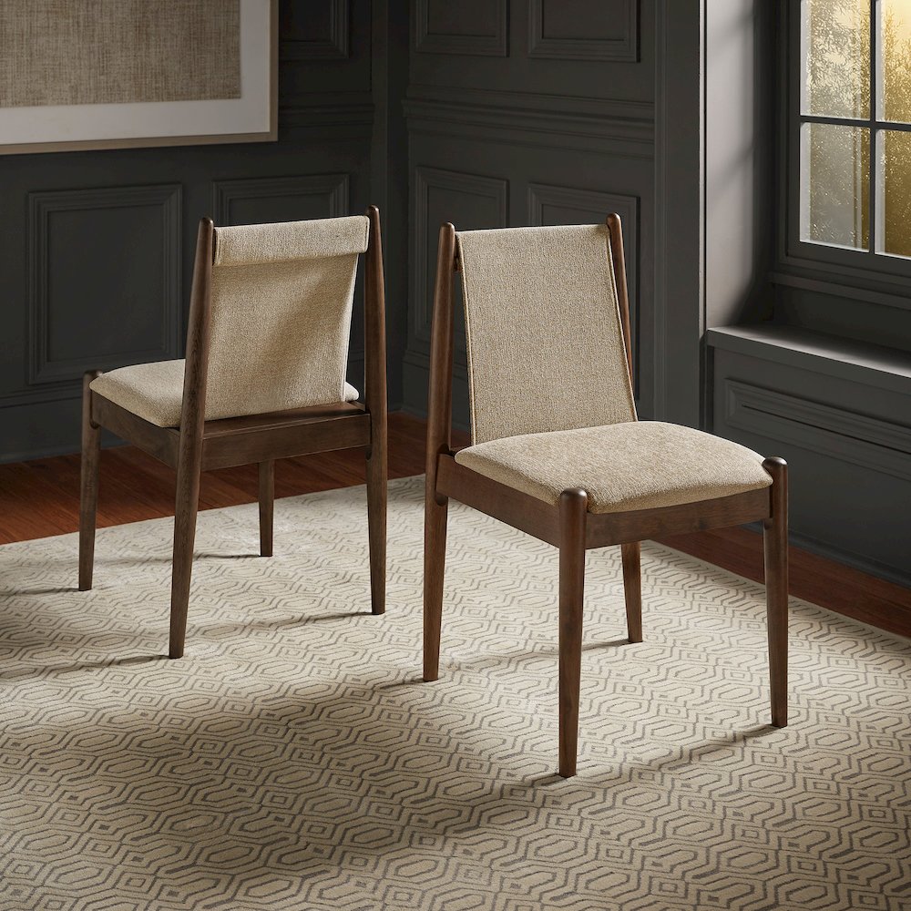 Set of 2, Walnut Finish Sand Heathered Weave Dining Chair