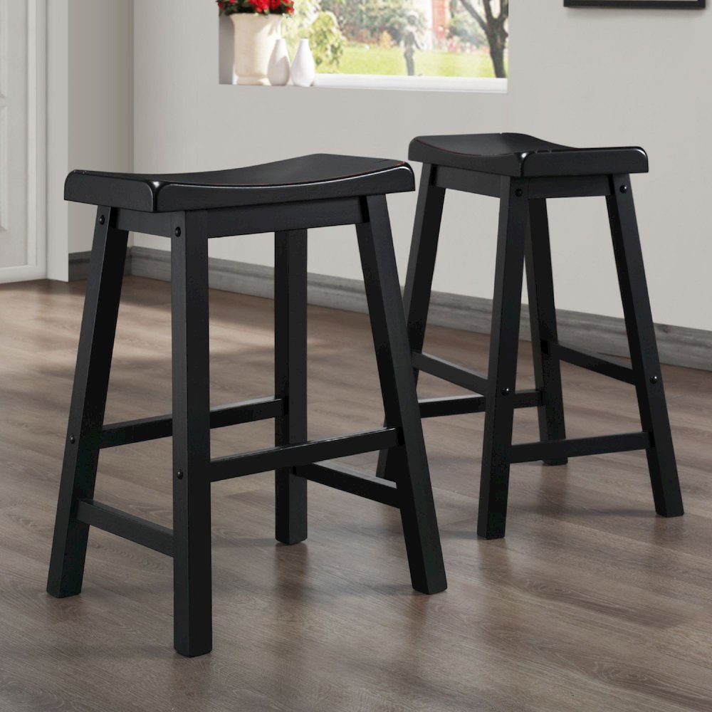 Set of 2, Black Sand-Through Finish Saddleback Stool