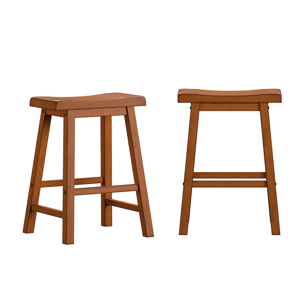 Set of 2, Oak Finish Saddleback Stool