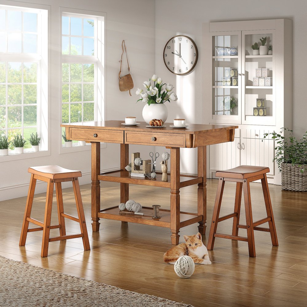 Set of 2, Oak Finish Saddleback Stool
