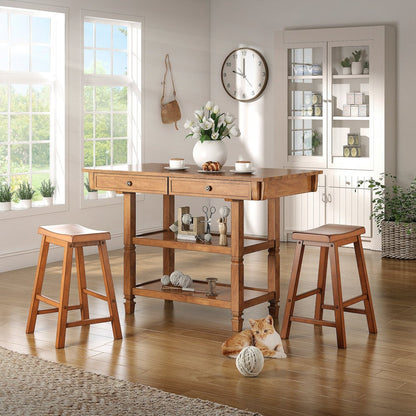 Set of 2, Oak Finish Saddleback Stool