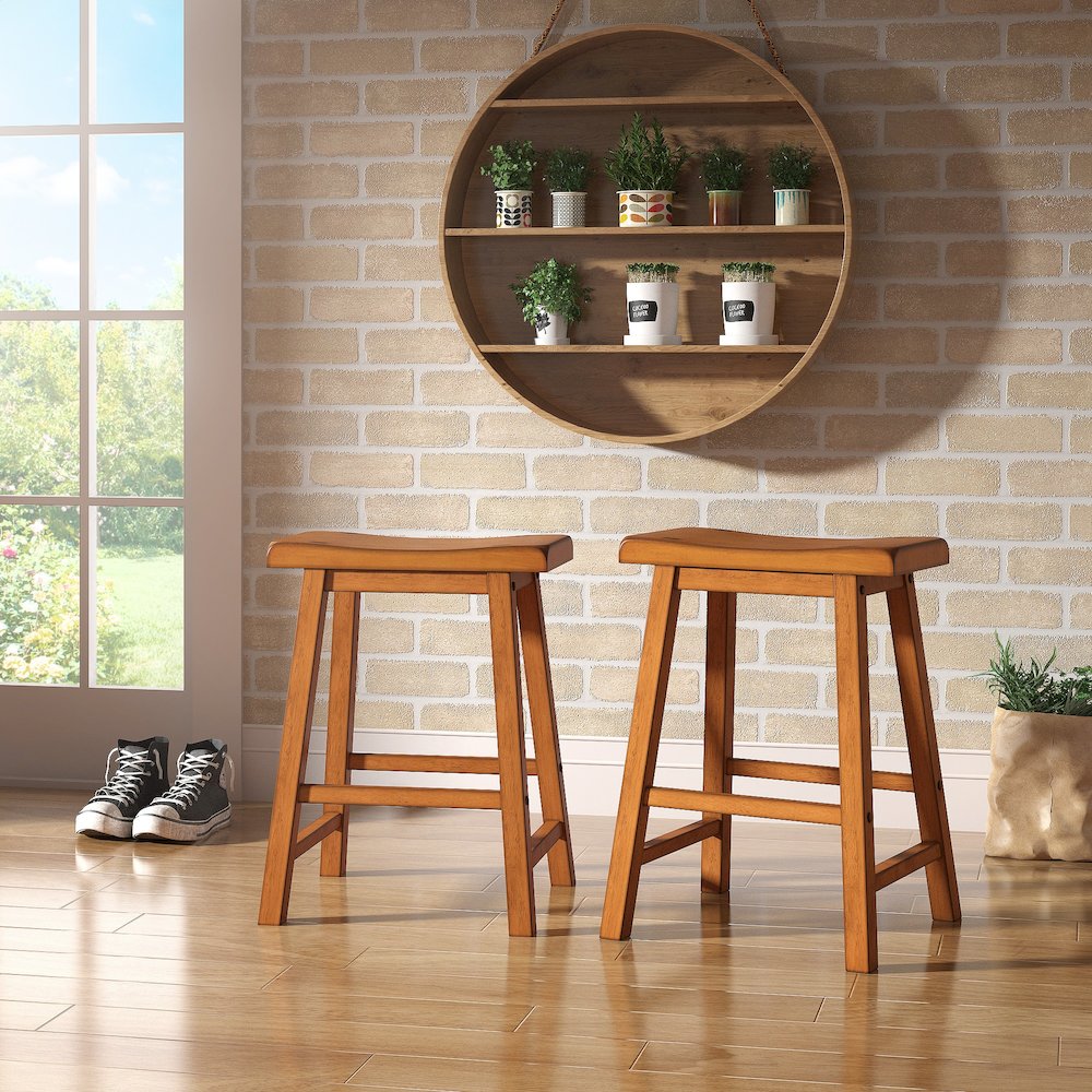 Set of 2, Oak Finish Saddleback Stool