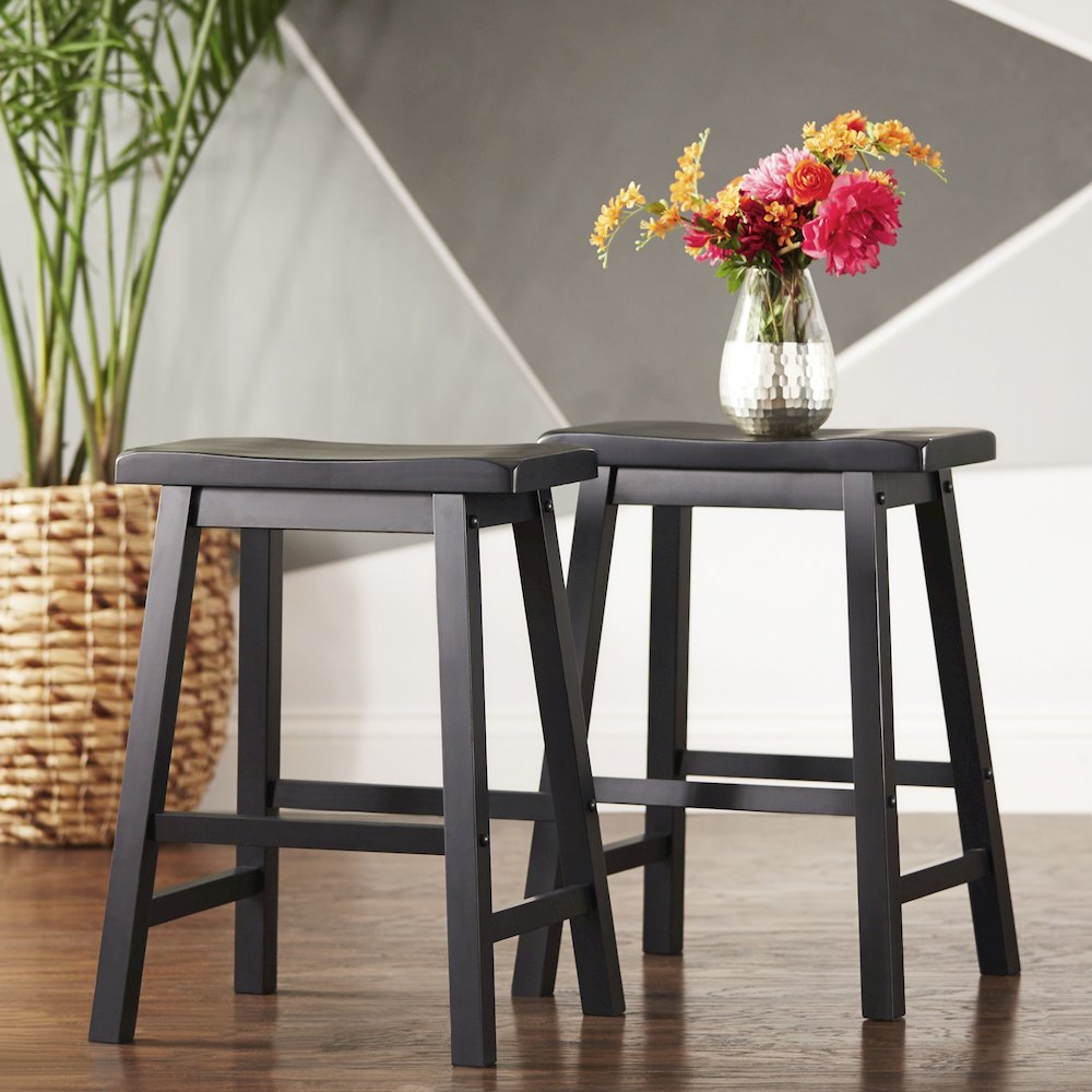 Set of 2, Vulcan Black Finish Saddleback Stool
