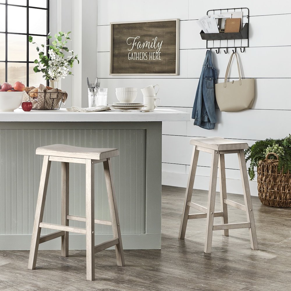 Set of 2, Antique White Finish Saddleback Stool