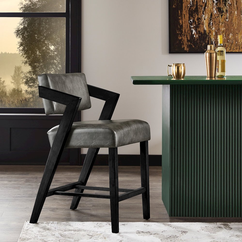 Black Wash Finish Charcoal PU Counter Height Chair