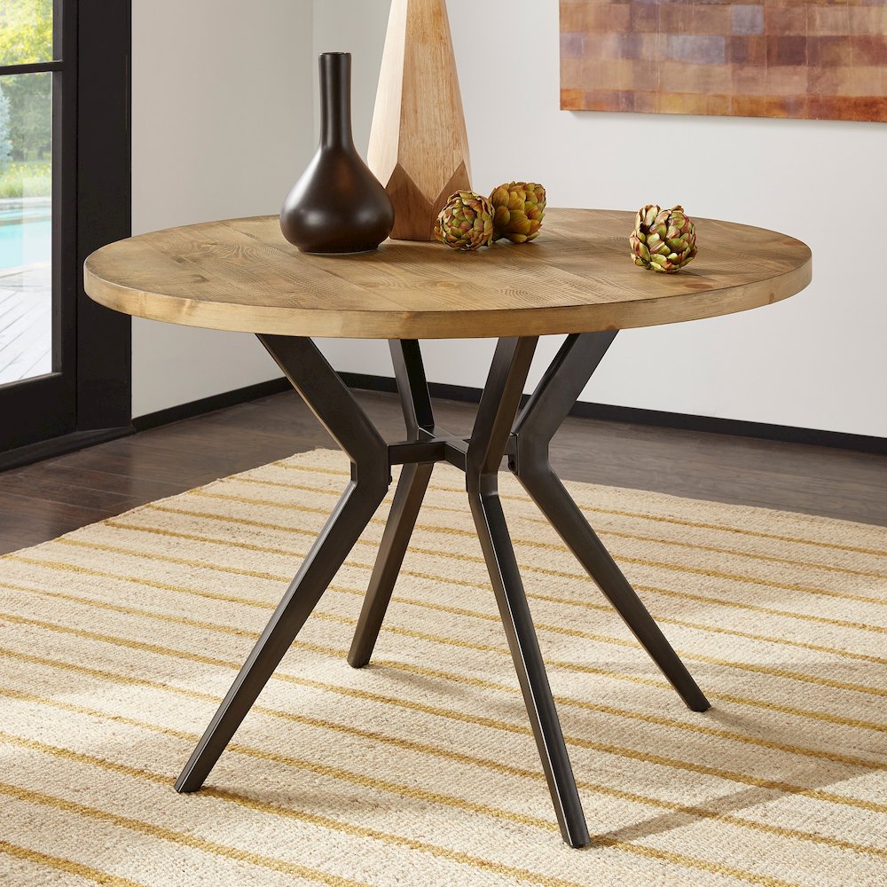Light Pine Finish 45" Round Dining Table With Iron Grey Metal Base