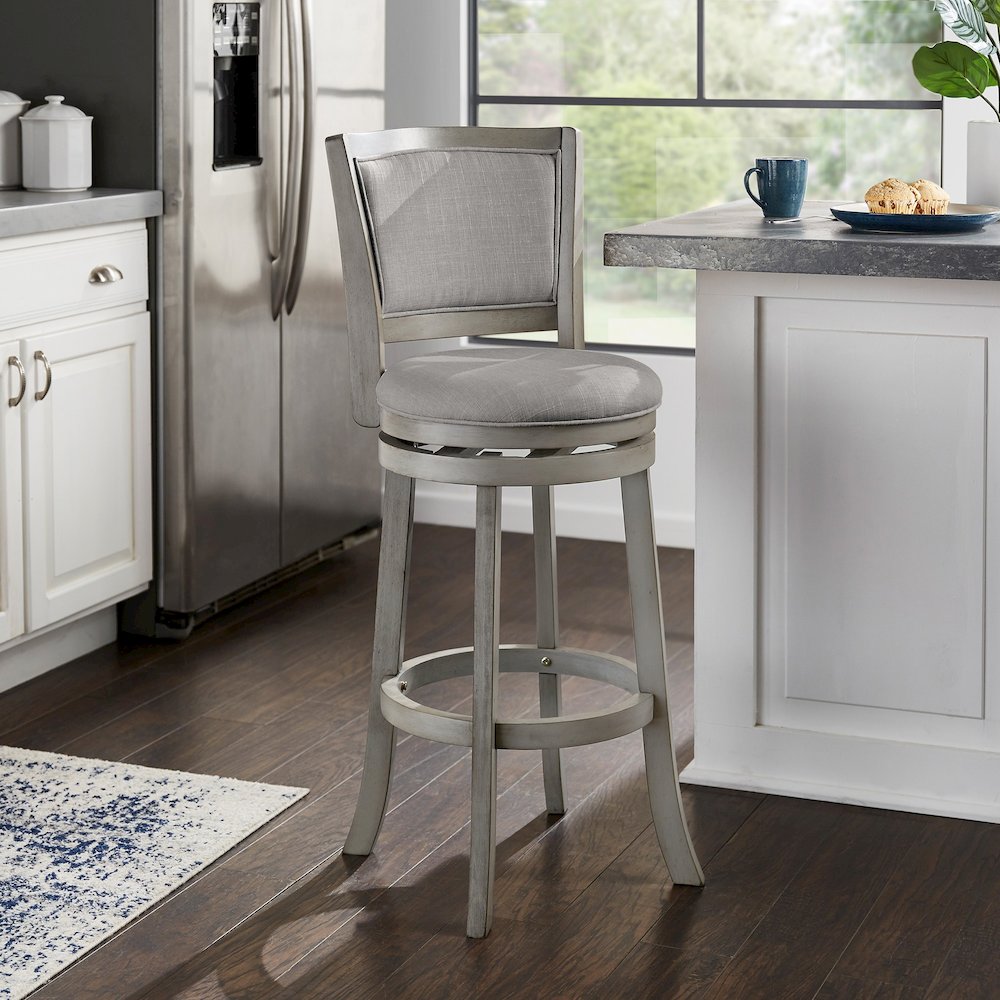 Antique Grey Finish Grey Linen Swivel Bar Height Chair