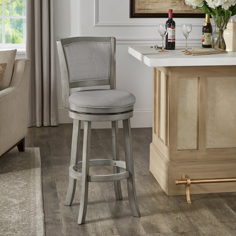 Antique Grey Finish Grey Linen Swivel Bar Height Chair